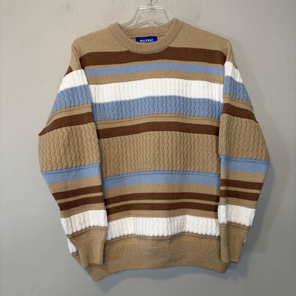 Aelfric Eden Womens L Striped Cable Knit Crewneck Sweater Tan Blue Brown Y2K